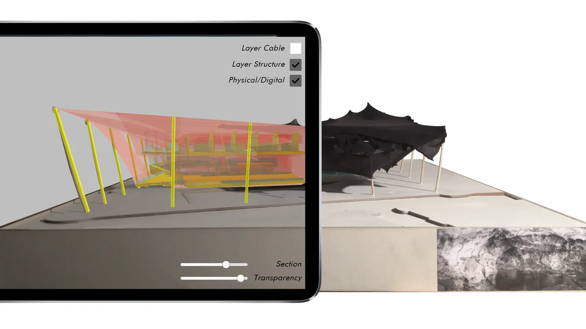 A tablet showing the AR overlay — coloured cable layers on the physical model — with toggles for layers and transparency.