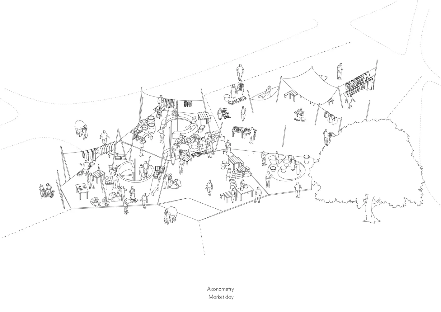 Line drawing: axonometric of a market day, with stalls, people and goods under the roof.