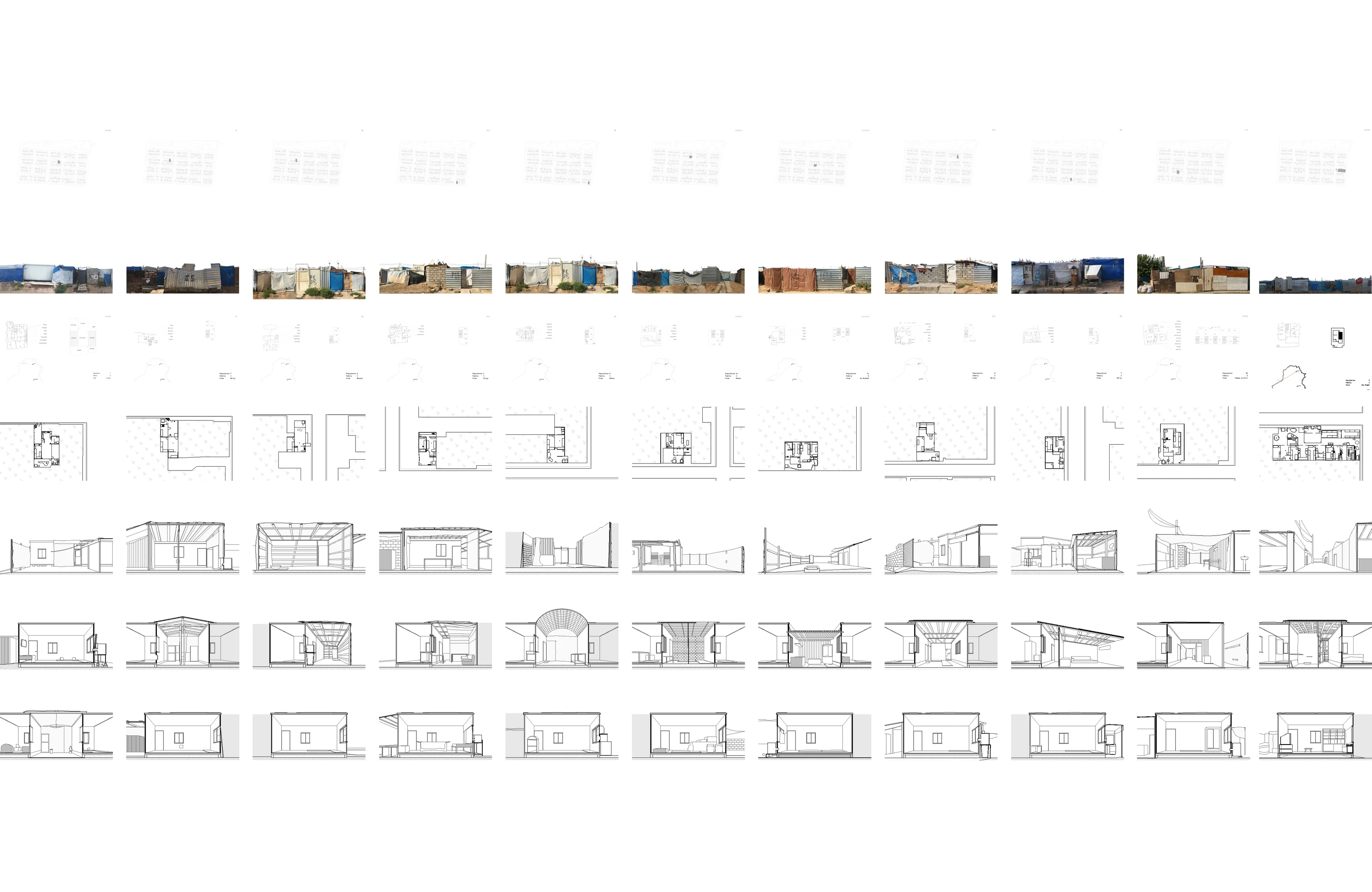 A catalogue page: rows of small photographs, plans and sections of eleven homes.
