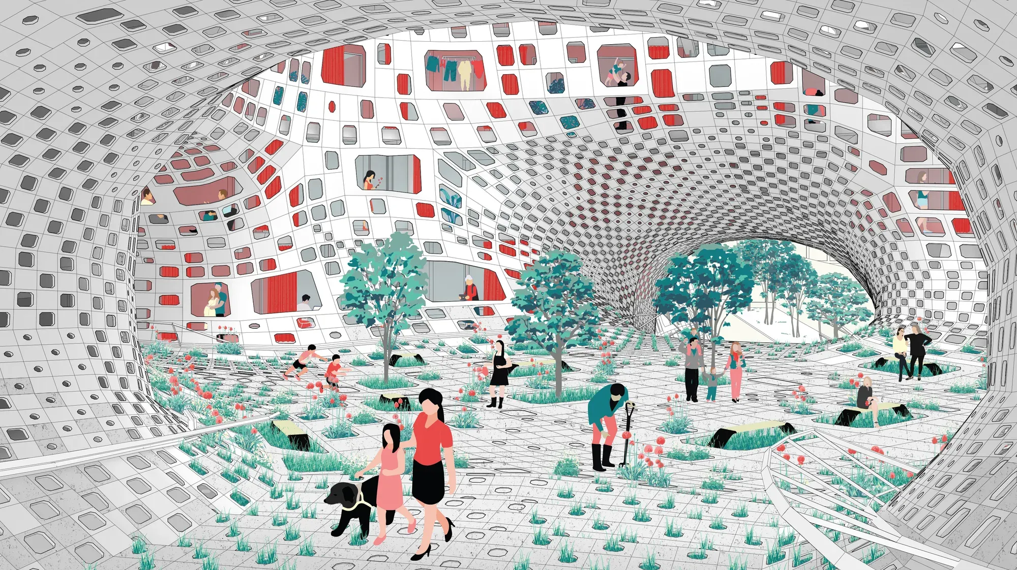 Illustrated perspective of a large planted courtyard enclosed by a curved, perforated shell, with people playing, sitting and walking.