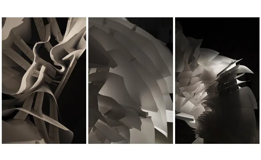 Three close-up details of folded and twisted paper strips.