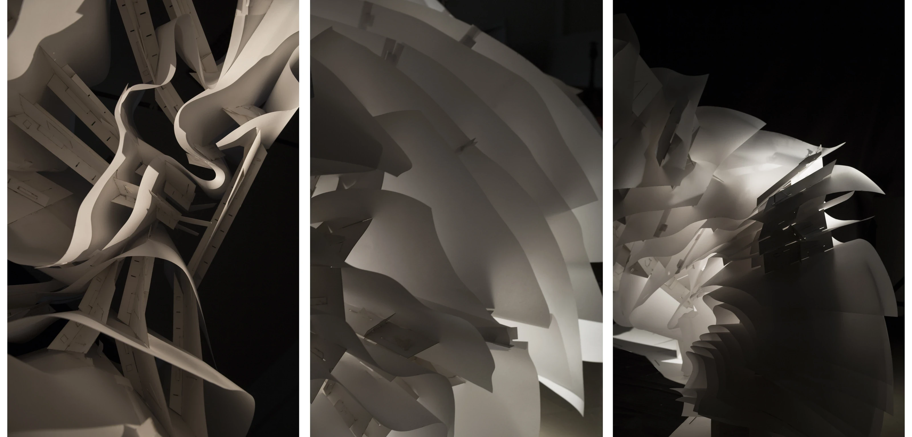 Three close-up details of folded and twisted paper strips.