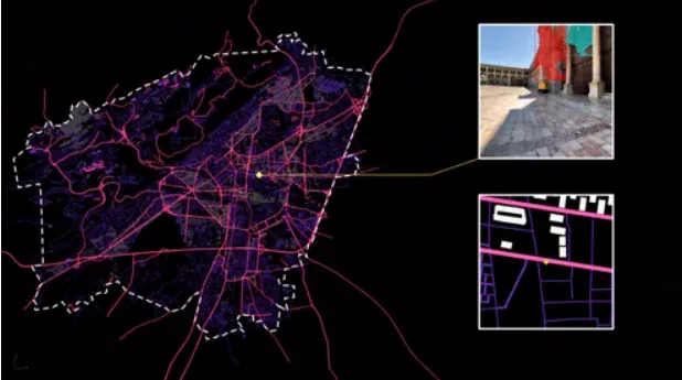 Dark map of the city with purple streets, linked to a street photo and a typology tile.