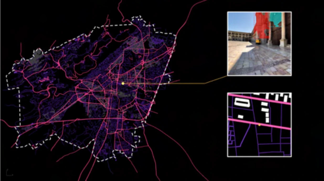 Dark map of the city with purple streets, linked to a street photo and a typology tile.