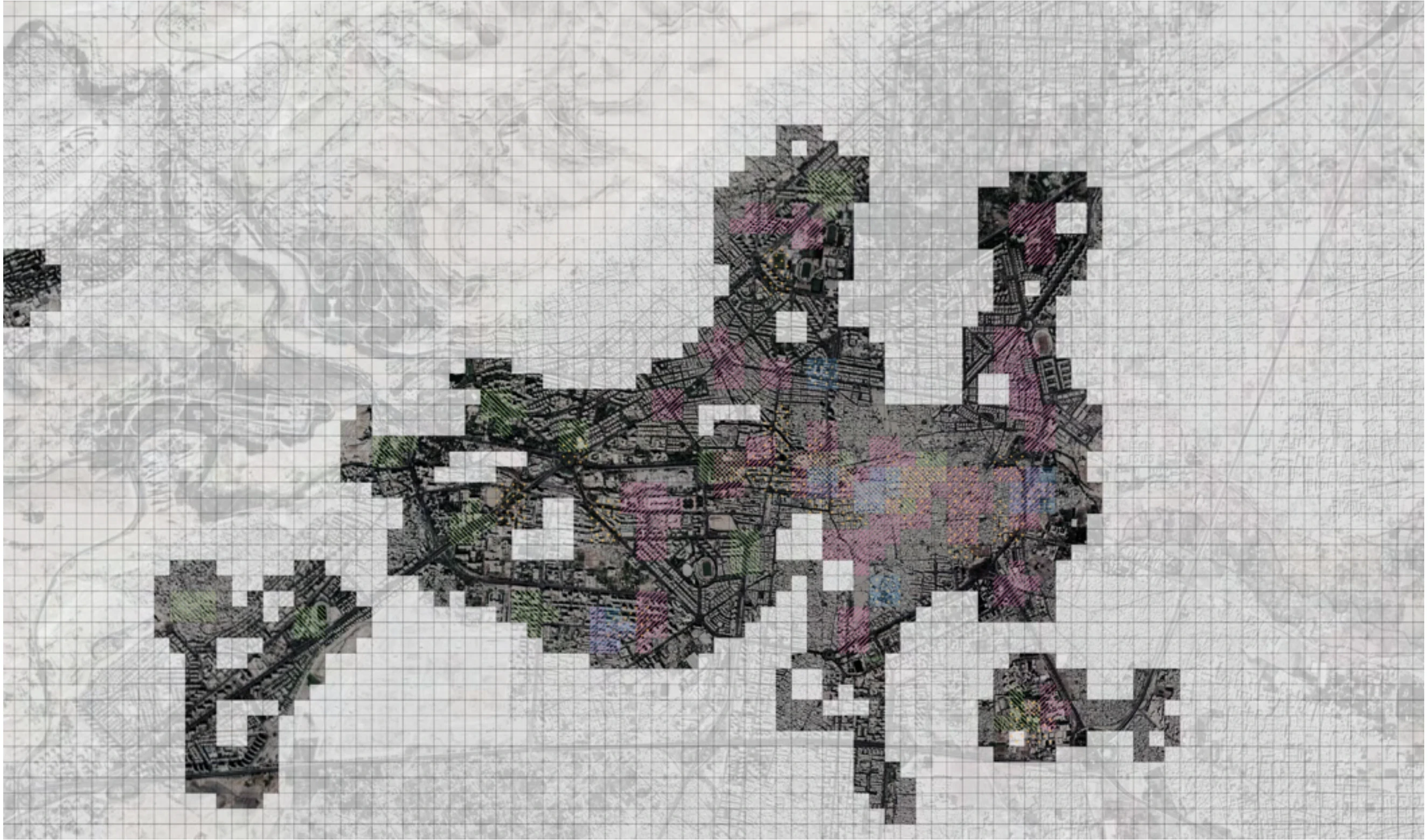 A map of Damascus on a grid, with dark patches marking where detected objects cluster.
