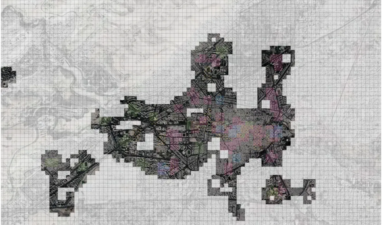 A map of Damascus on a grid, with dark patches marking where detected objects cluster.