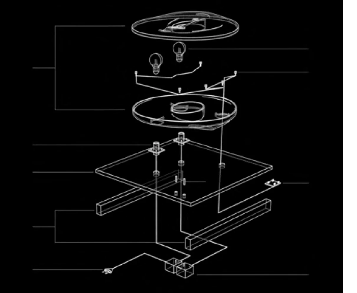 Exploded line drawing on black: top and bottom halves of the torus, bulb sockets, plywood board and slats.