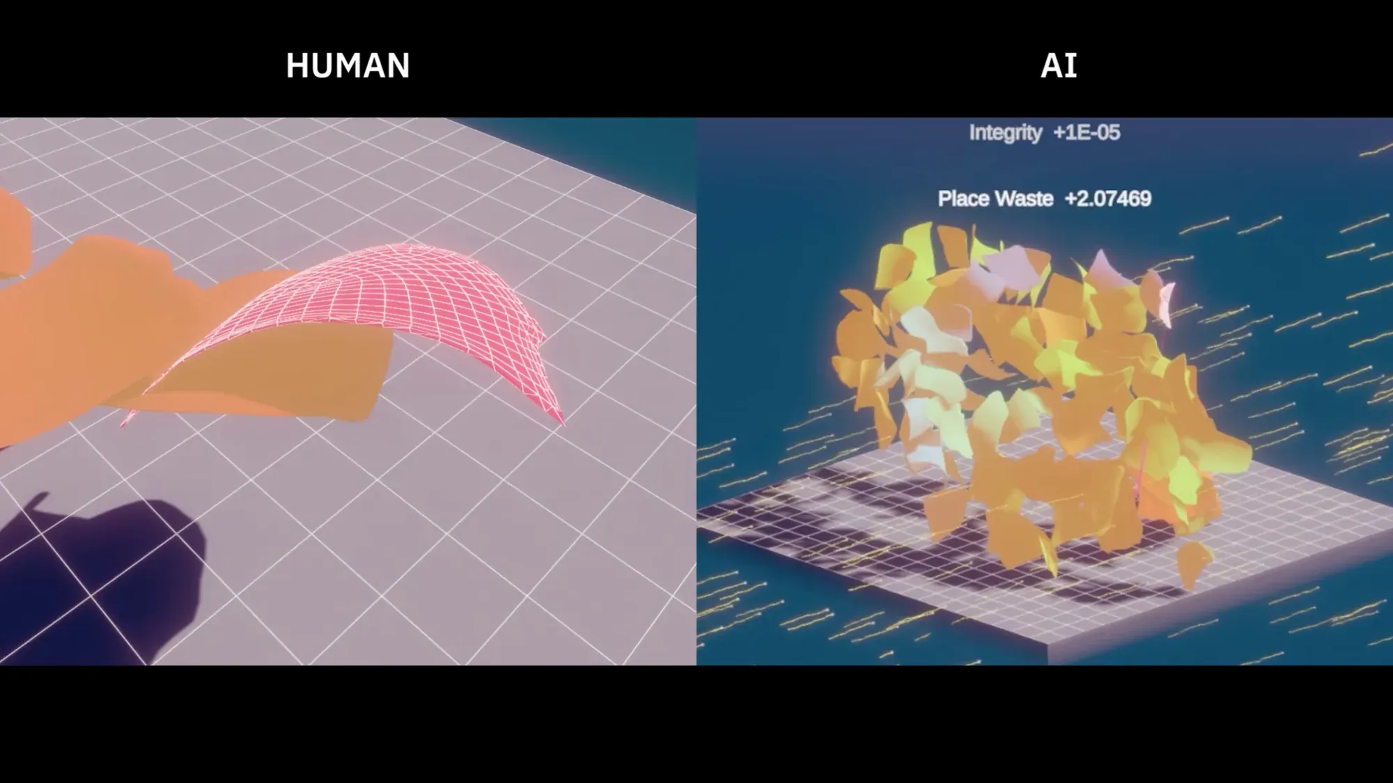 Split screen comparing a human-designed shell (left, a smooth pink surface) with an AI-generated shell (right, a dense heap of orange fragments) on a grid.
