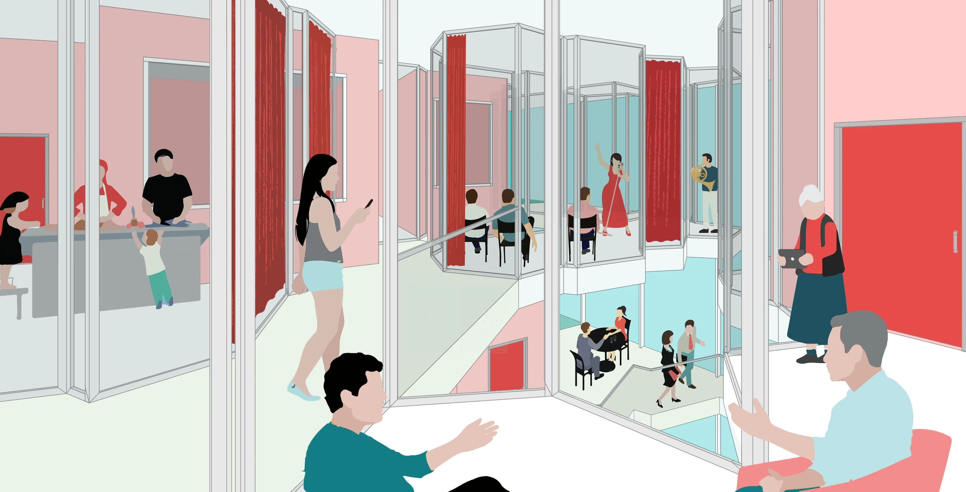 Illustrated interior: glass-walled rooms where people meet, read and talk.