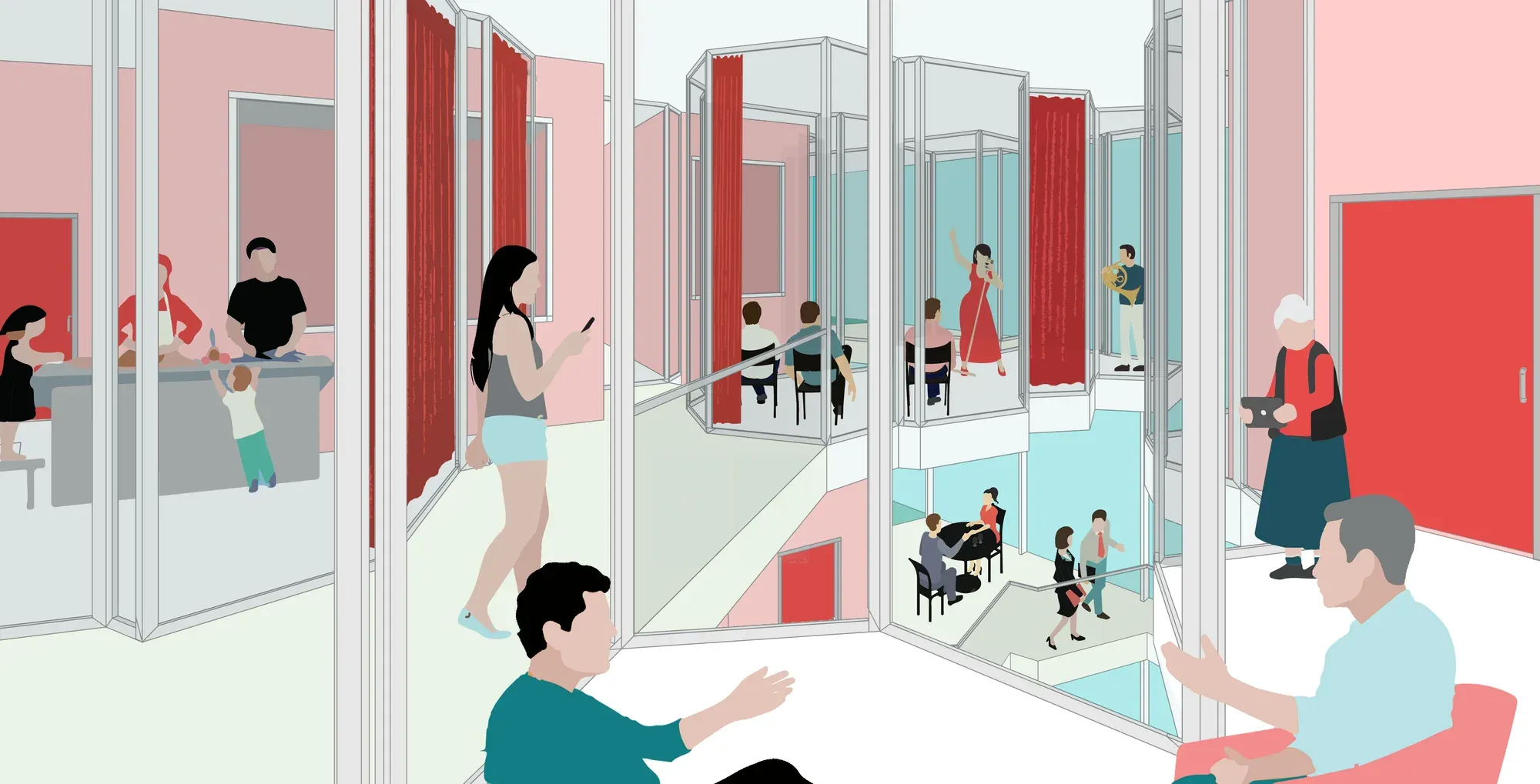 Illustrated interior: glass-walled rooms where people meet, read and talk.