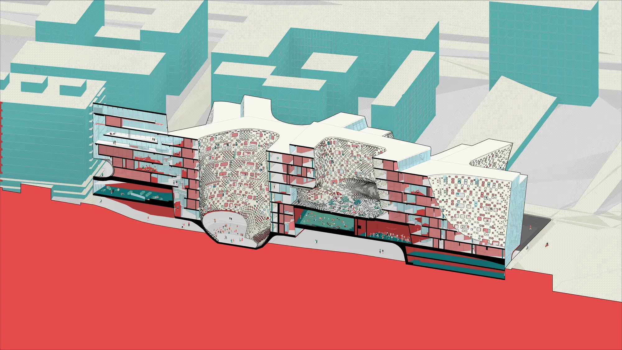Long section through the building: housing floors with red and white façades above a mixed-use base, set in its street.