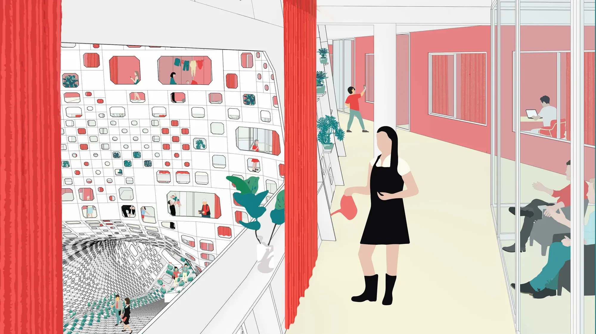 Illustrated view from inside a home past a red curtain towards the courtyard shell.