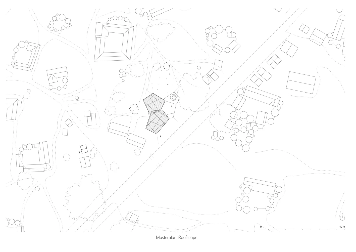 Line drawing: masterplan with the market’s roof outline among surrounding buildings and trees.