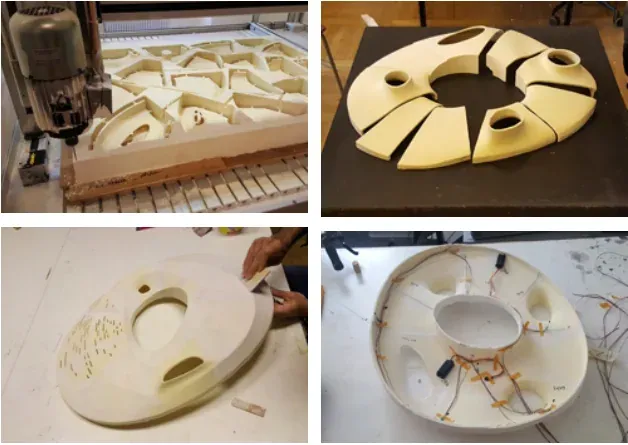 Four photos: the torus being CNC-milled, a milled half, and the halves with sensors and wiring fitted.