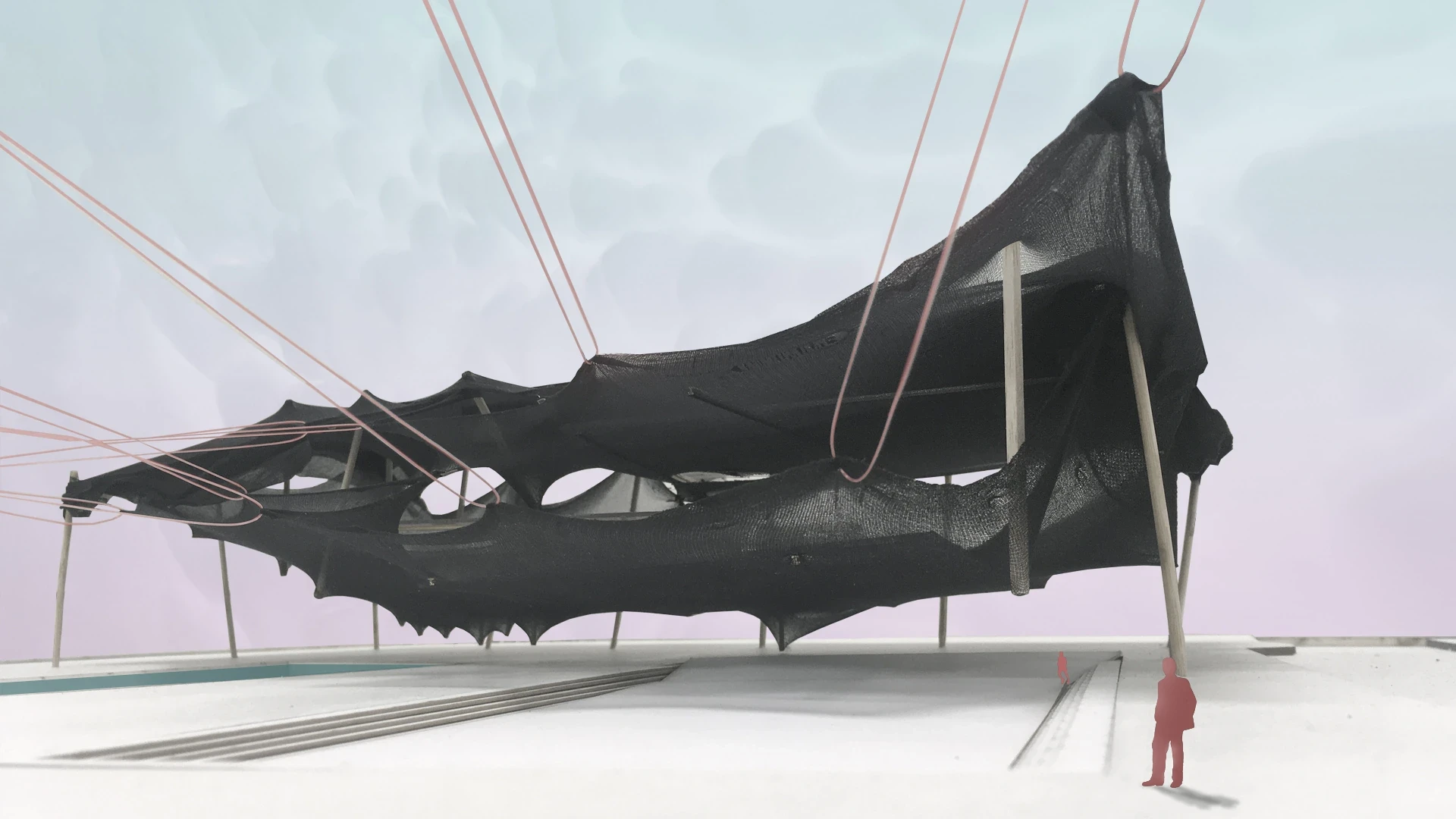 A black fabric tensile model suspended on cables above a white base, with a small red figure for scale.