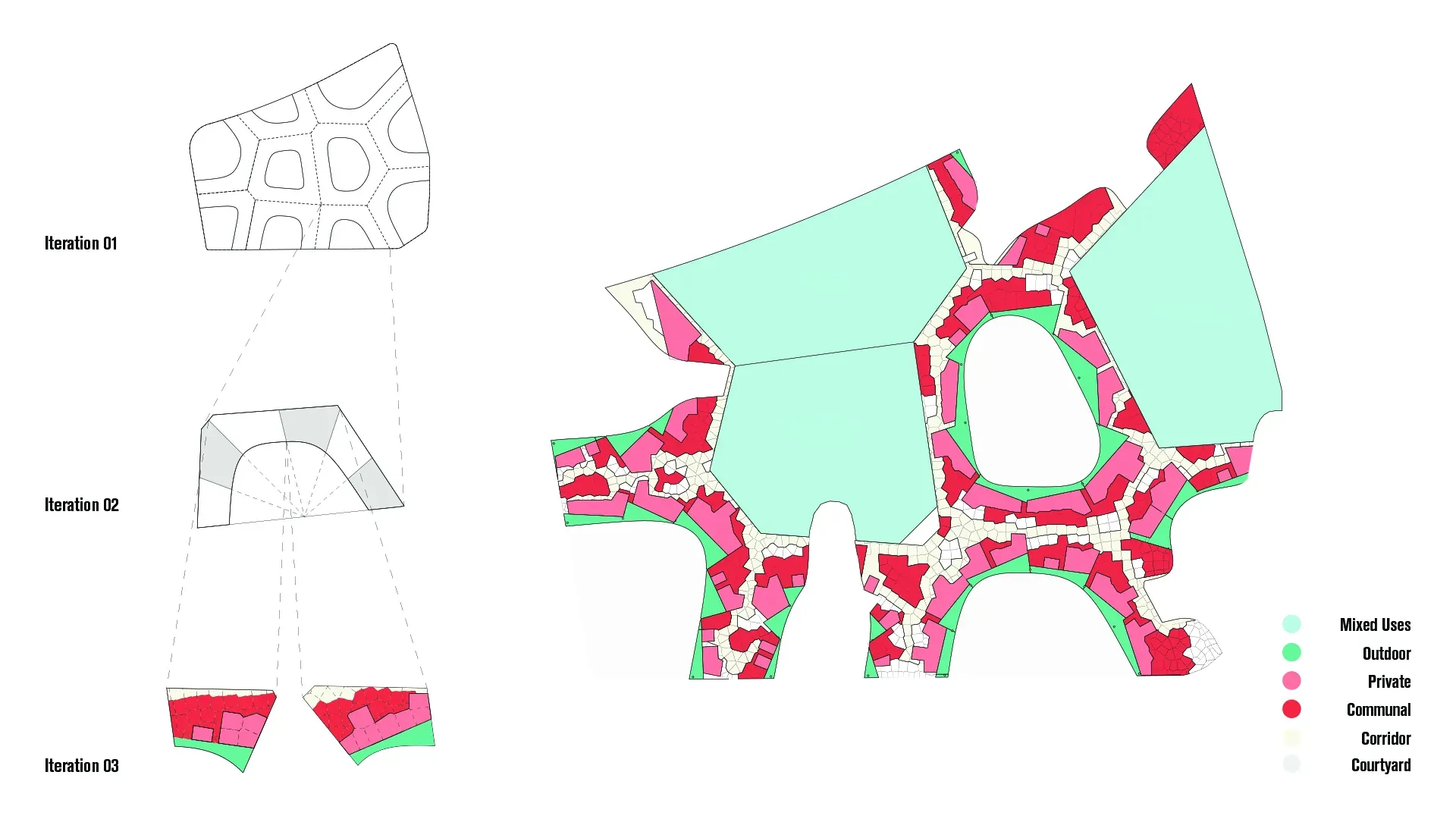Plans showing how mixed use, communal and private spaces are distributed across the building’s levels.