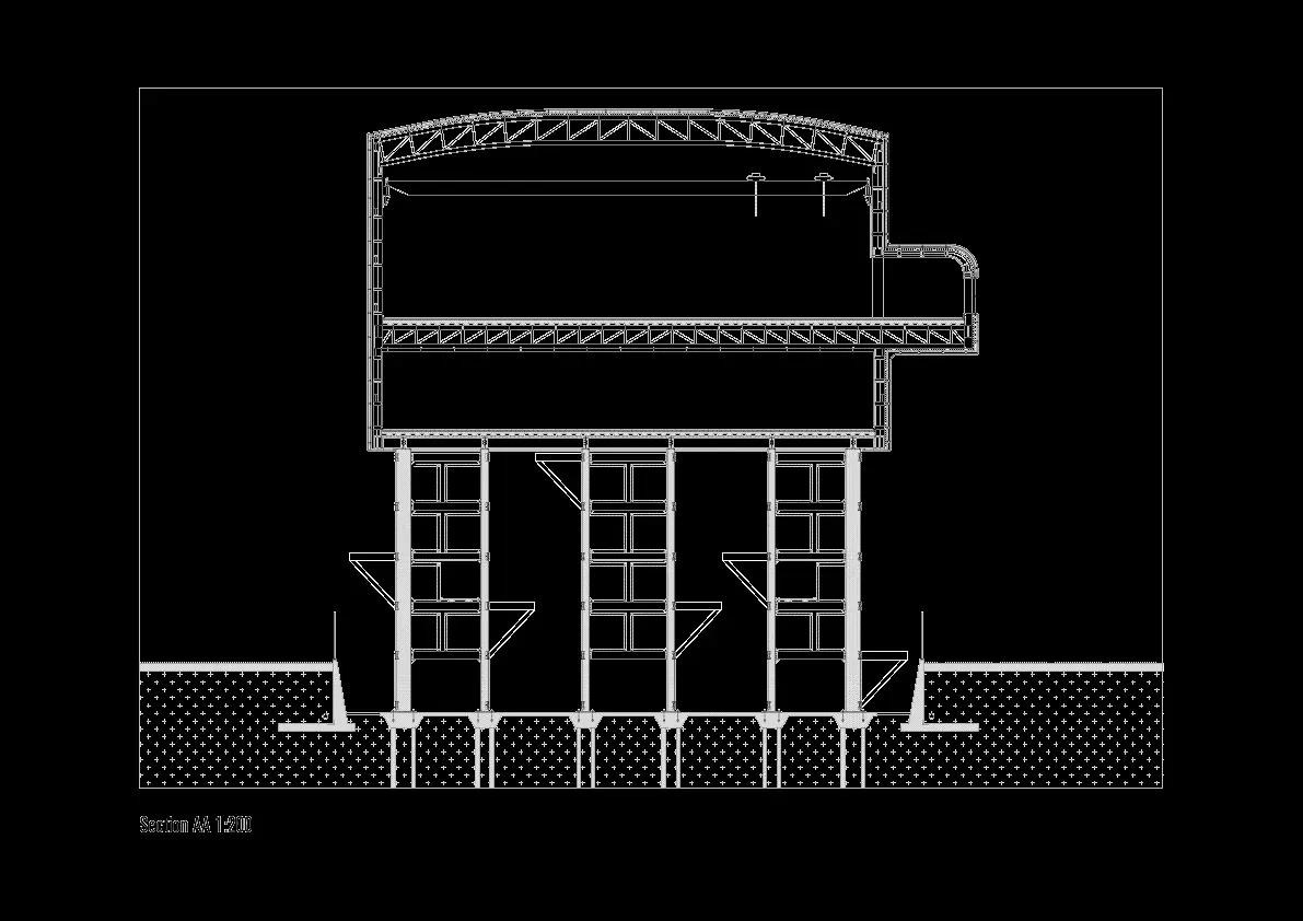 White line drawing on black: section through the curved roof, upper floor and columns below.