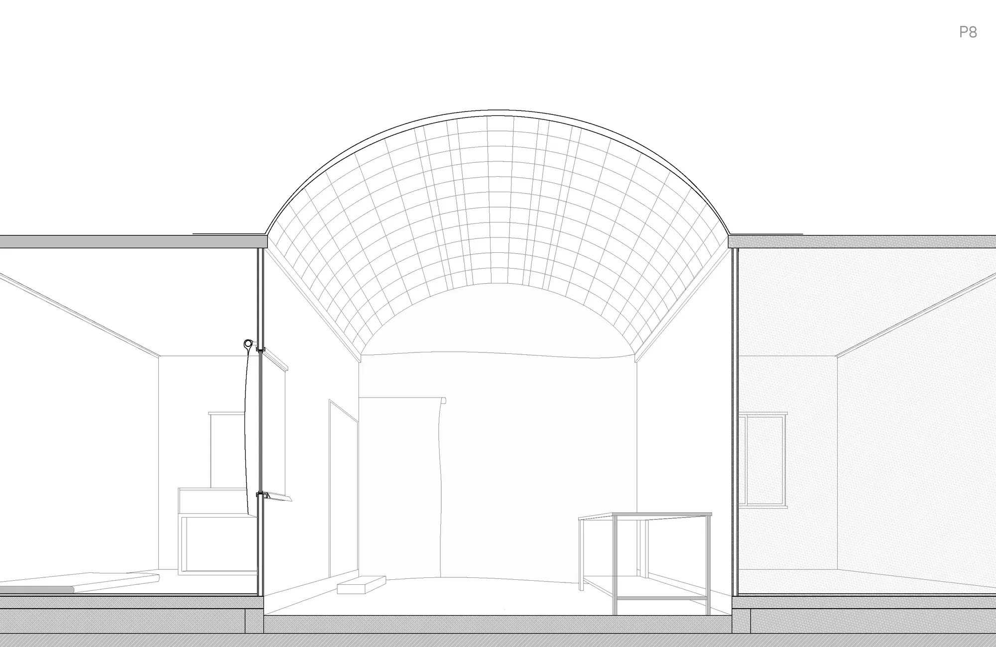 Line drawing: section through a room with a vaulted roof added over the original caravan walls.
