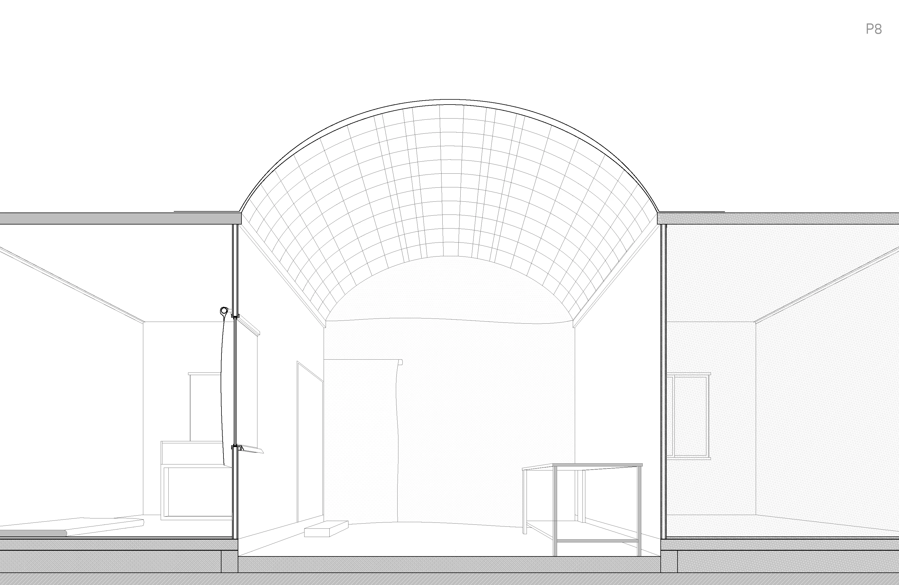 Line drawing: section through a room with a vaulted roof added over the original caravan walls.