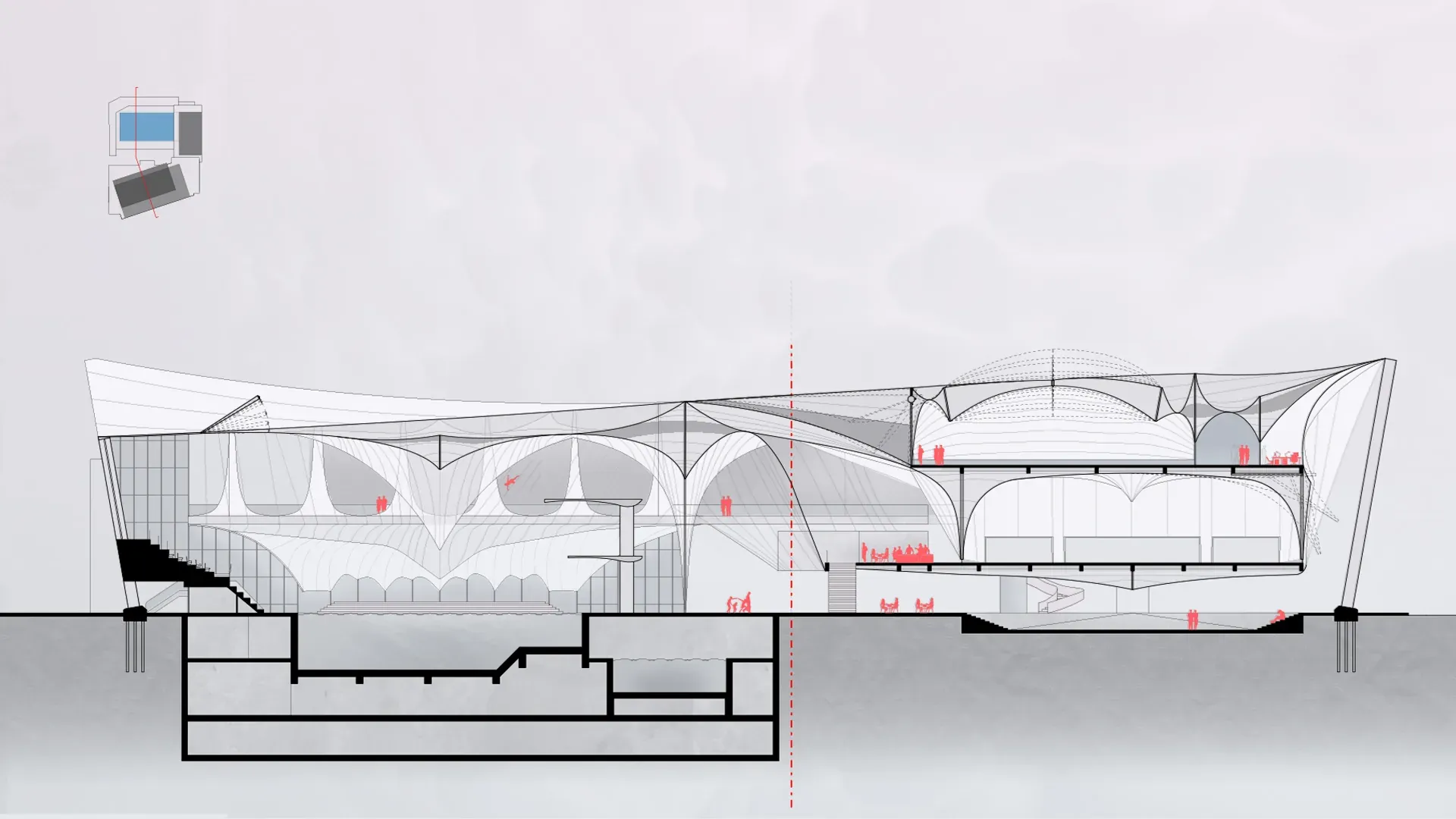 Section through the stadium: tensile roof layers above stands and floors.