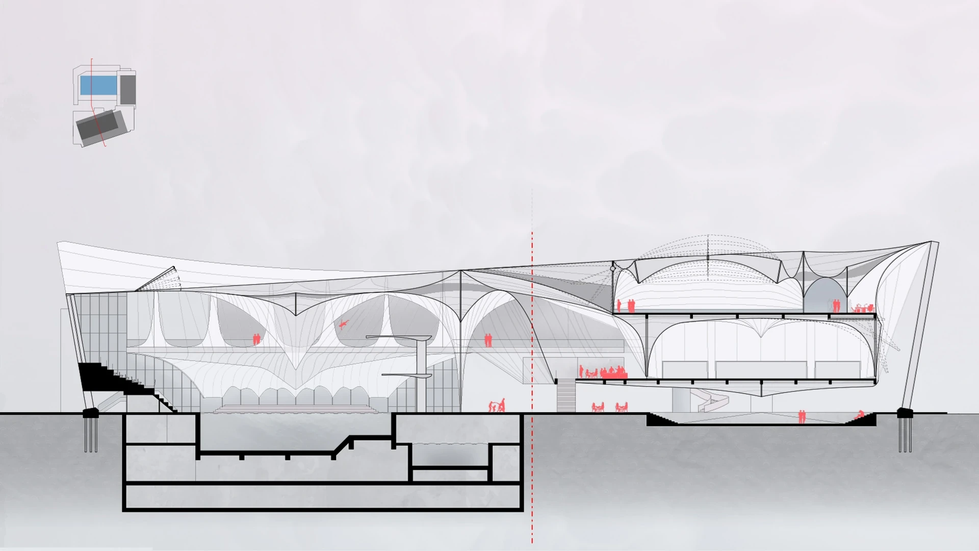 Section through the stadium: tensile roof layers above stands and floors.