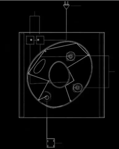 Line drawing on black: plan of the torus with the sensor positions and wiring.
