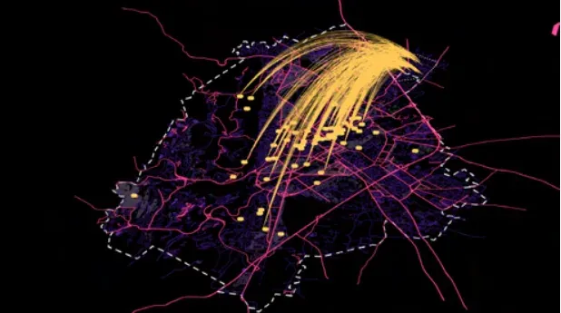 Dark city map with bright orange arcs connecting areas of similar materiality.