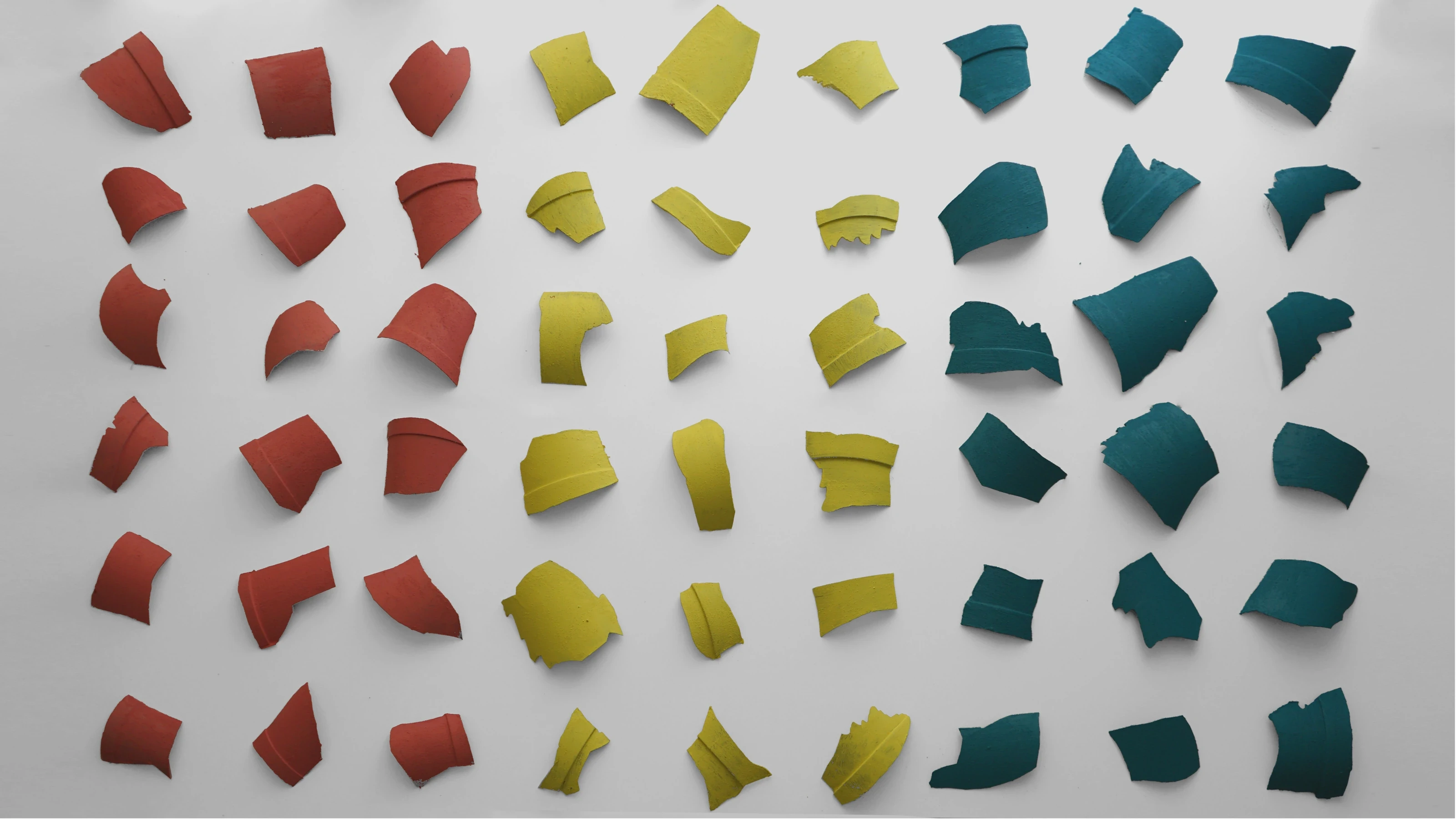 Dozens of curved plastic fragments laid out in rows on a white table, grouped by colour: red, yellow and teal.