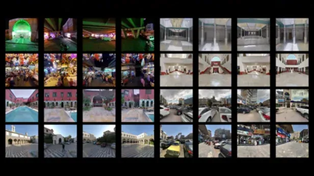 A grid of street photographs of Damascus: markets, courtyards, streets and buildings.