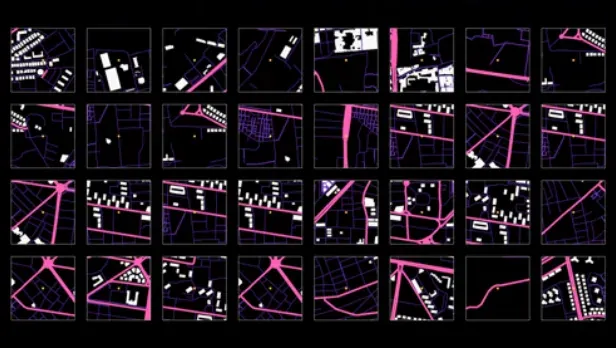 A grid of small black maps with pink street lines and white building footprints.
