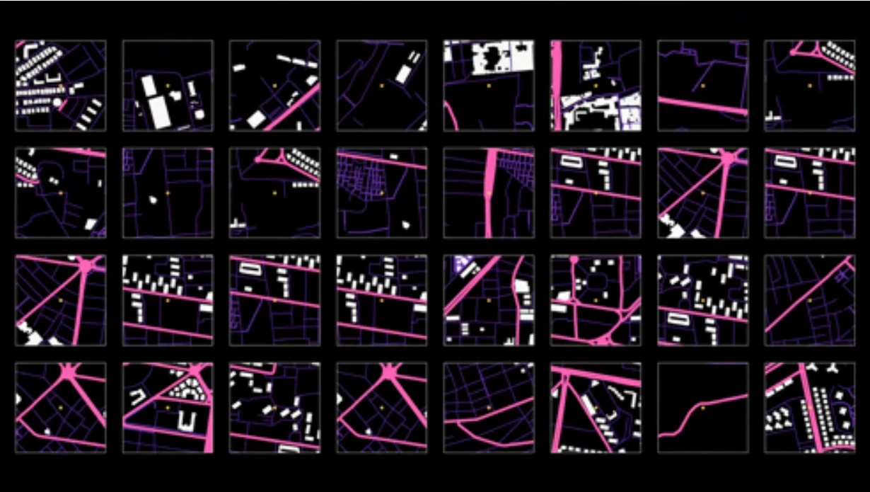 A grid of small black maps with pink street lines and white building footprints.