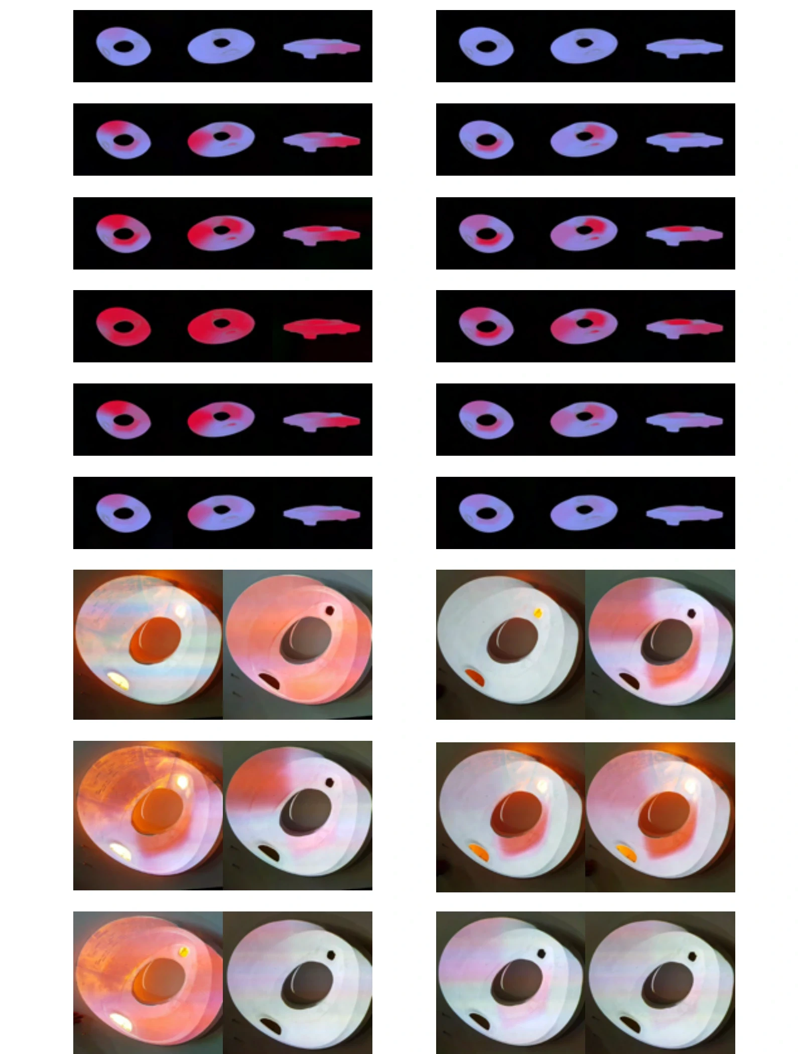 A grid of small coloured images of the torus, alongside photos of it lit from inside.