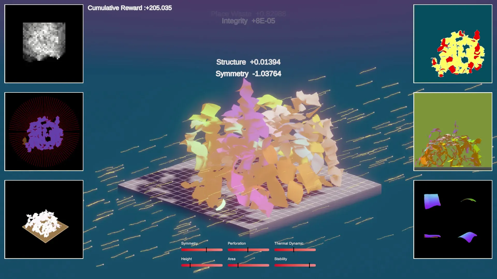Training interface: a 3D shell of orange fragments on a grid, with cumulative reward, structure and symmetry scores, and three small preview windows on each side.